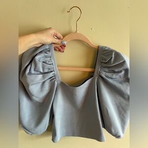 NWOT Zara Gray / blue Puff Sleeve crop top Blouse